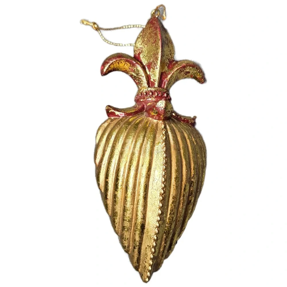 Vintage Fleur De Lis Christmas Ornament Gold Red Antiqued Teardrop 6 Inch